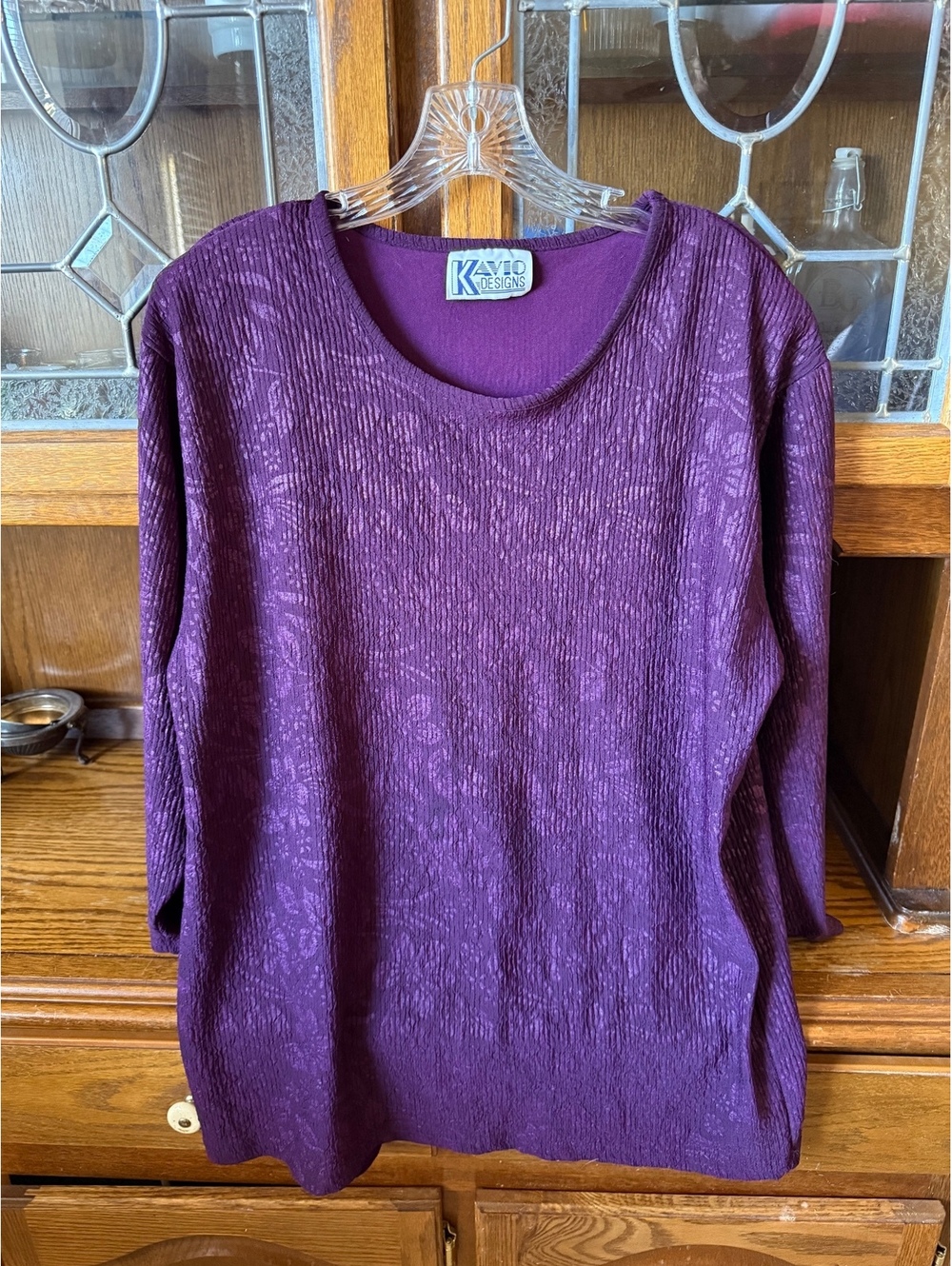 Vintage Kavio Designs Purple Crinkle Top Large Tonal Floral USA Made 90s